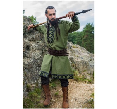 LEONARDO CARBONE Mens Freki Viking  Erik  Green Tunic, Size: XXL Hand Embroidery