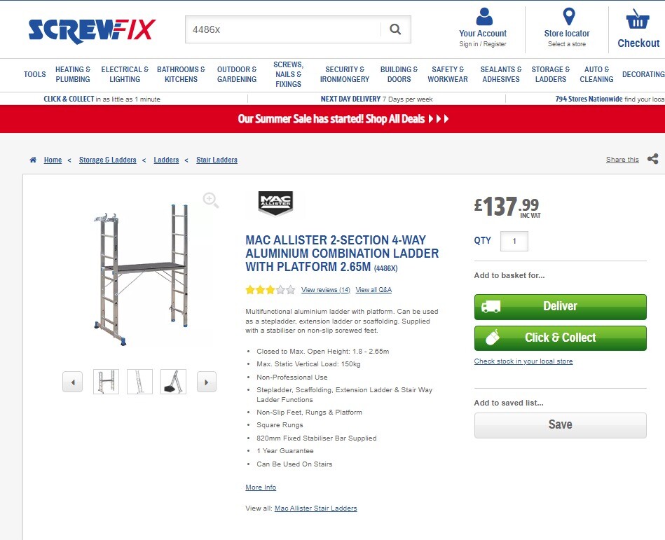 MAC ALLISTER 2SECTION 4WAY ALUMINIUM COMBINATION LADDER WITH PLATFORM