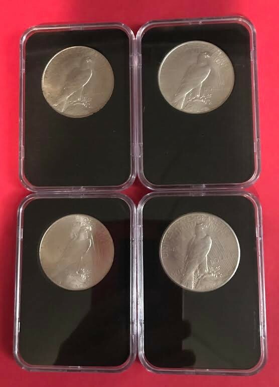 4PC SET PEACE DOLLARS, 1922,23,24,25, AU/BU, IN SNAP LOCK COIN HOLDERS.