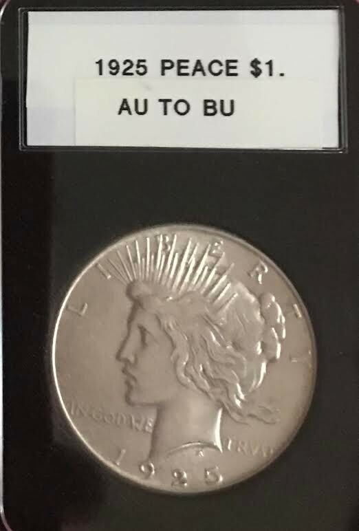 4PC SET PEACE DOLLARS, 1922,23,24,25, AU/BU, IN SNAP LOCK COIN HOLDERS.