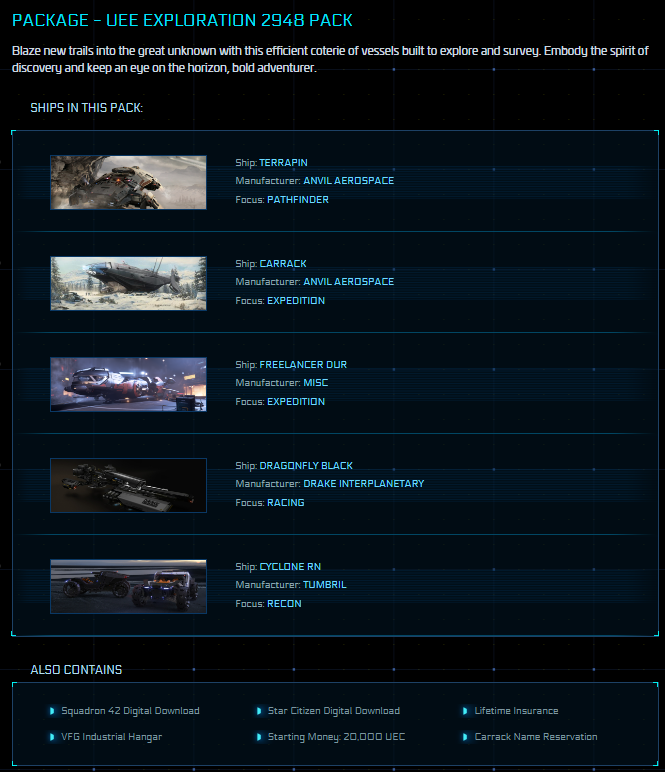 Star Citizen UEE EXPLORATION PACK 2948 - 5 LTI Ships +
