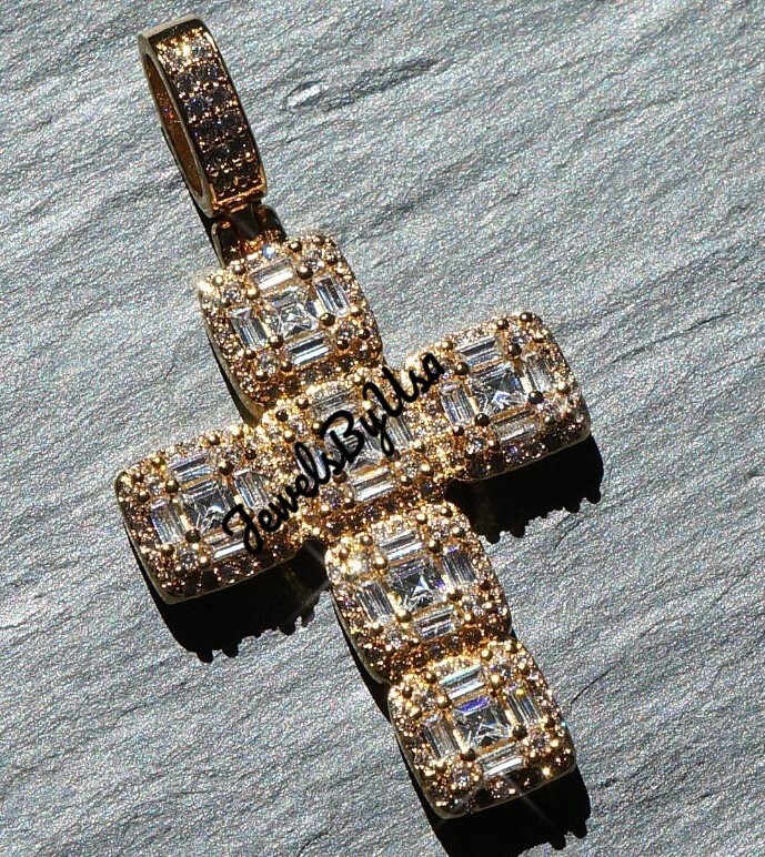 Pre-owned Nsg 3ct Men's Baguette Moissanite Mini Cross Charm Pendant Yellow Gold Plated Silver