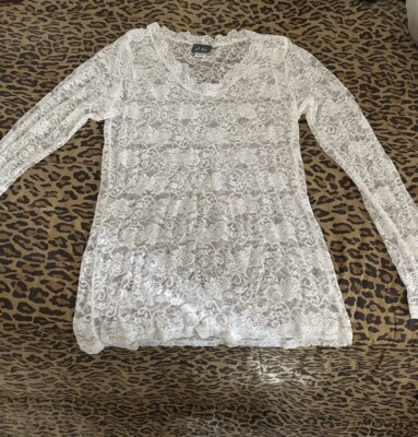 Women Dots White Lace Long Sleeve Top XL