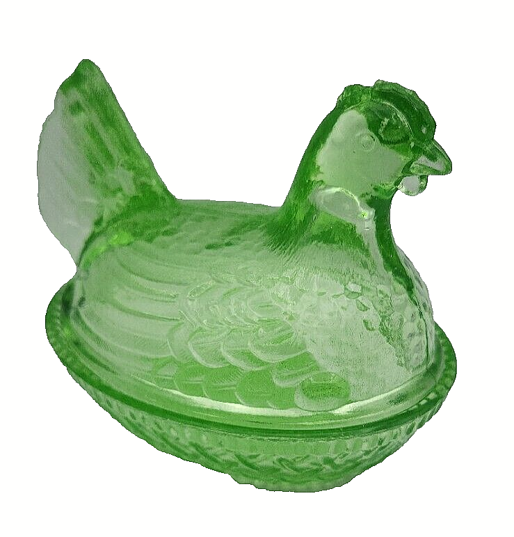 Wilkerson Art Deco Trinket Key Lime Hen Chicken Glow Glass On Basket 3.25" Wide