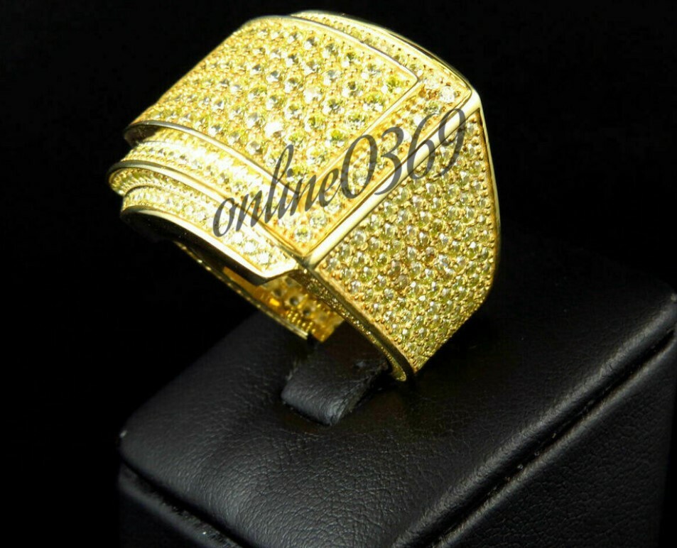 Pre-owned Online0369 1.5 Ct Rd Yellow Cubic Zirconia Mens Stylish Ring Yellow Gold Plated Silver