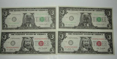 4 VTG Bill & Hillary Clinton Novelty $3 Bills 1993 Slick Times New Uncirc