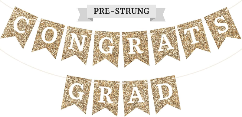 Gold Glitter Congrats Grad Banner - Pre-Strung 6 Ft Garland for 2026 Party