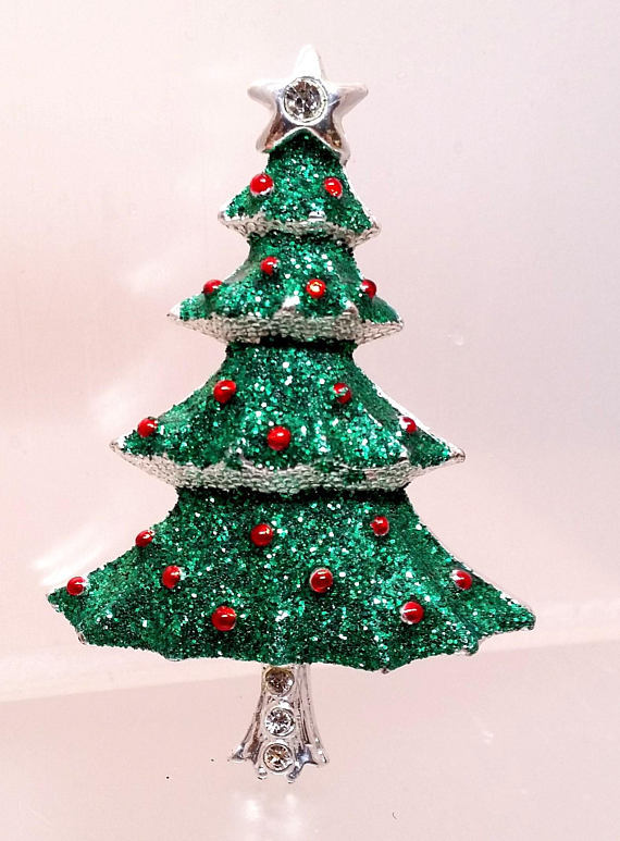 Vintage Christmas Tree Pin Rhinestone Glitter Brooch, Holiday Costume Jewelry