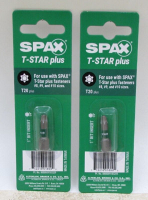 2 PACK SPAX  Torx T20 Plus 1'' Insert Drive Bit For #8, #9 And #10 Screws