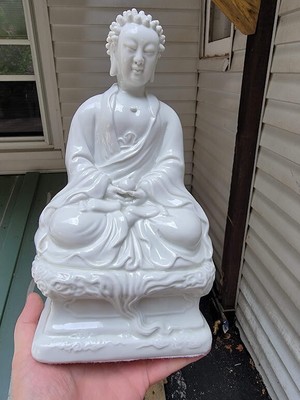Chinese Blanc De Chine Porcelain Seated Buddha holding ball Made Hong Kong 11''+