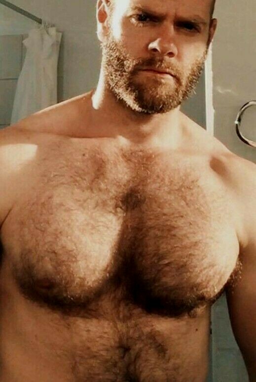 Shirtless Male Beefcake Muscular Body Hairy Chest Beard Man Guy