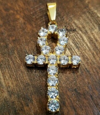 Pre-owned Nsg Natural Moissanite Mens Cross Pendant Gift For Him 14k Yellow Gold Plated Silver In White