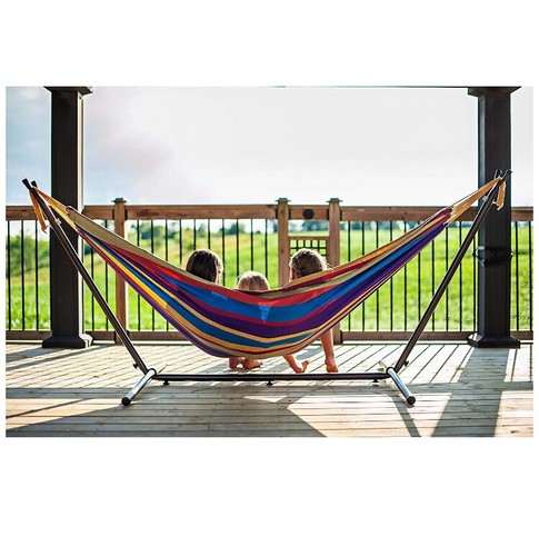 Vivere Double Hammock with Space-Saving Steel Stand, Tropical