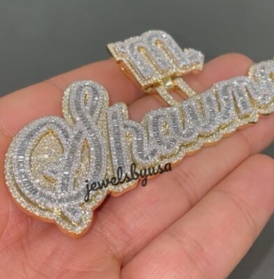 Pre-owned Nsg Cursive Font Men's 3ct Baguette Cubic Zirconia Custom Pendant 925 Silver In White