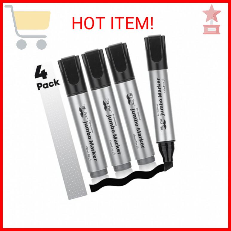 Jumbo Permanent Markers, 4 Pack, Chisel Tip, Black - Thick, Wide Tip, Large Size