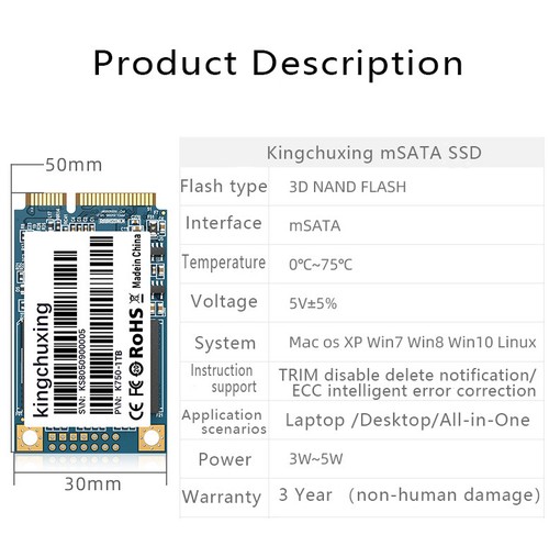Kingchuxing 512GB mSATA III SSD Internal Solid State Hard Drives Laptop 550MB/s