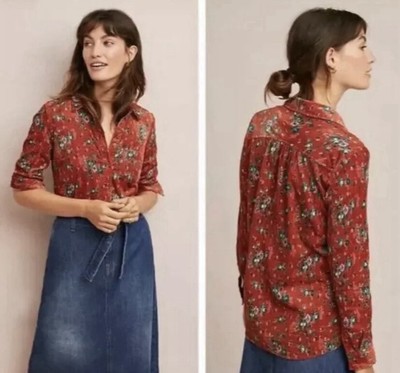 ANTHROPOLOGIE Building 18 Floral Rust Brown Orange Corduroy Shirt Top Size 14