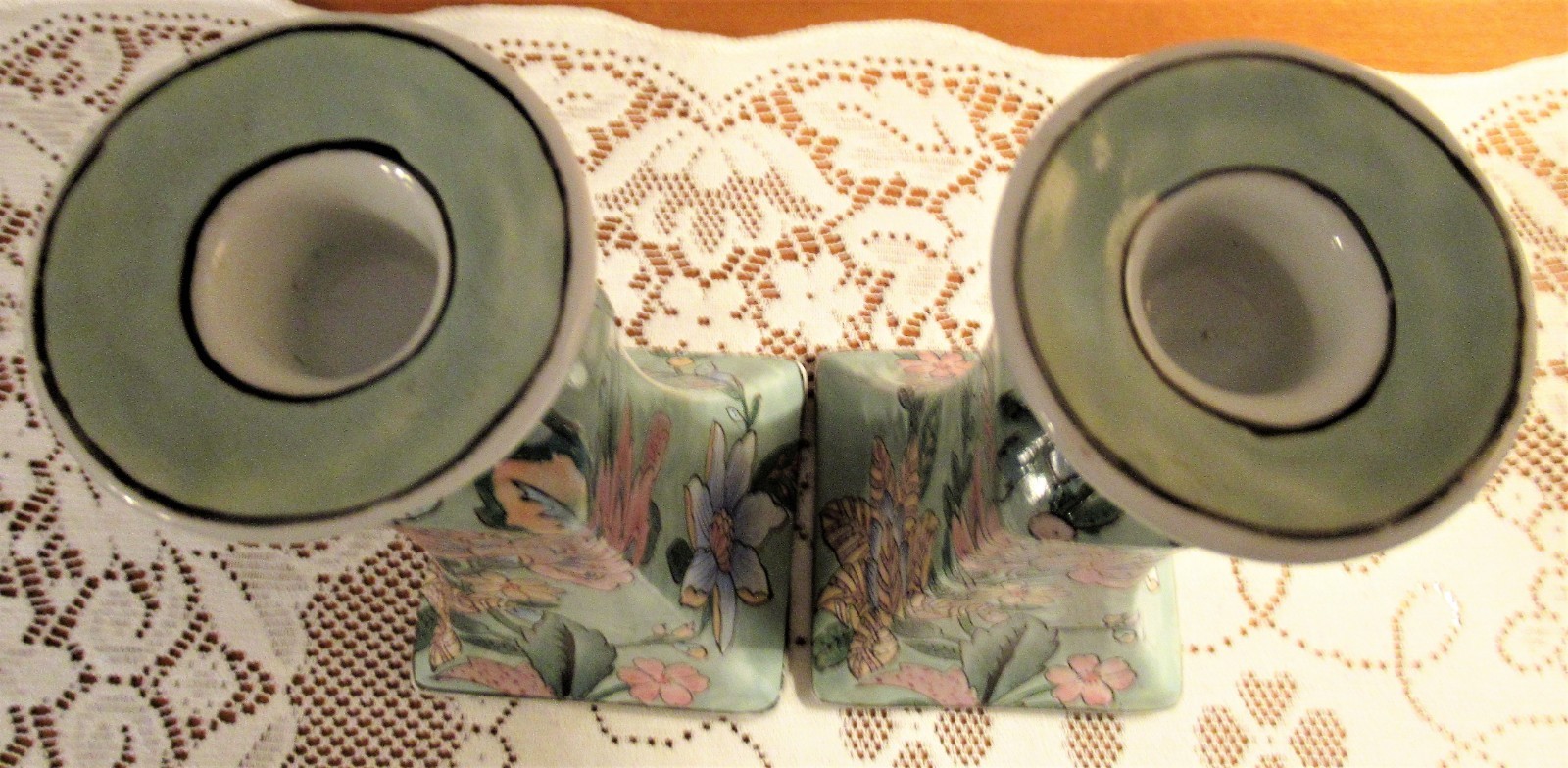 Vintage Pair Asian Oriental Chinese Porcelain Pastel Floral Candlesticks 9