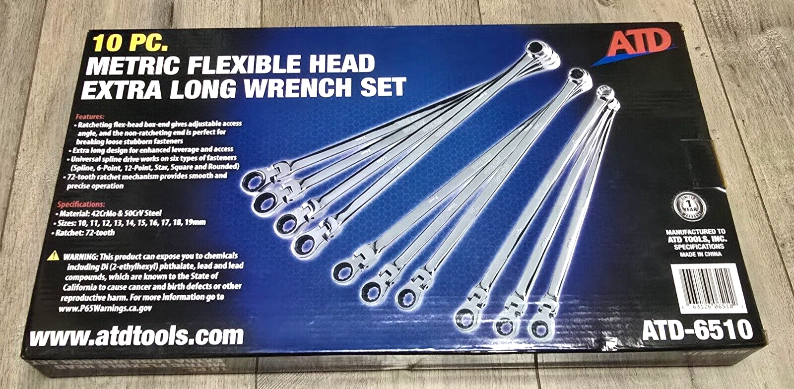 ATD 10pc XL Double Box METRIC Ratcheting Spline Flex Wrench Set w/Foam Tray 9510