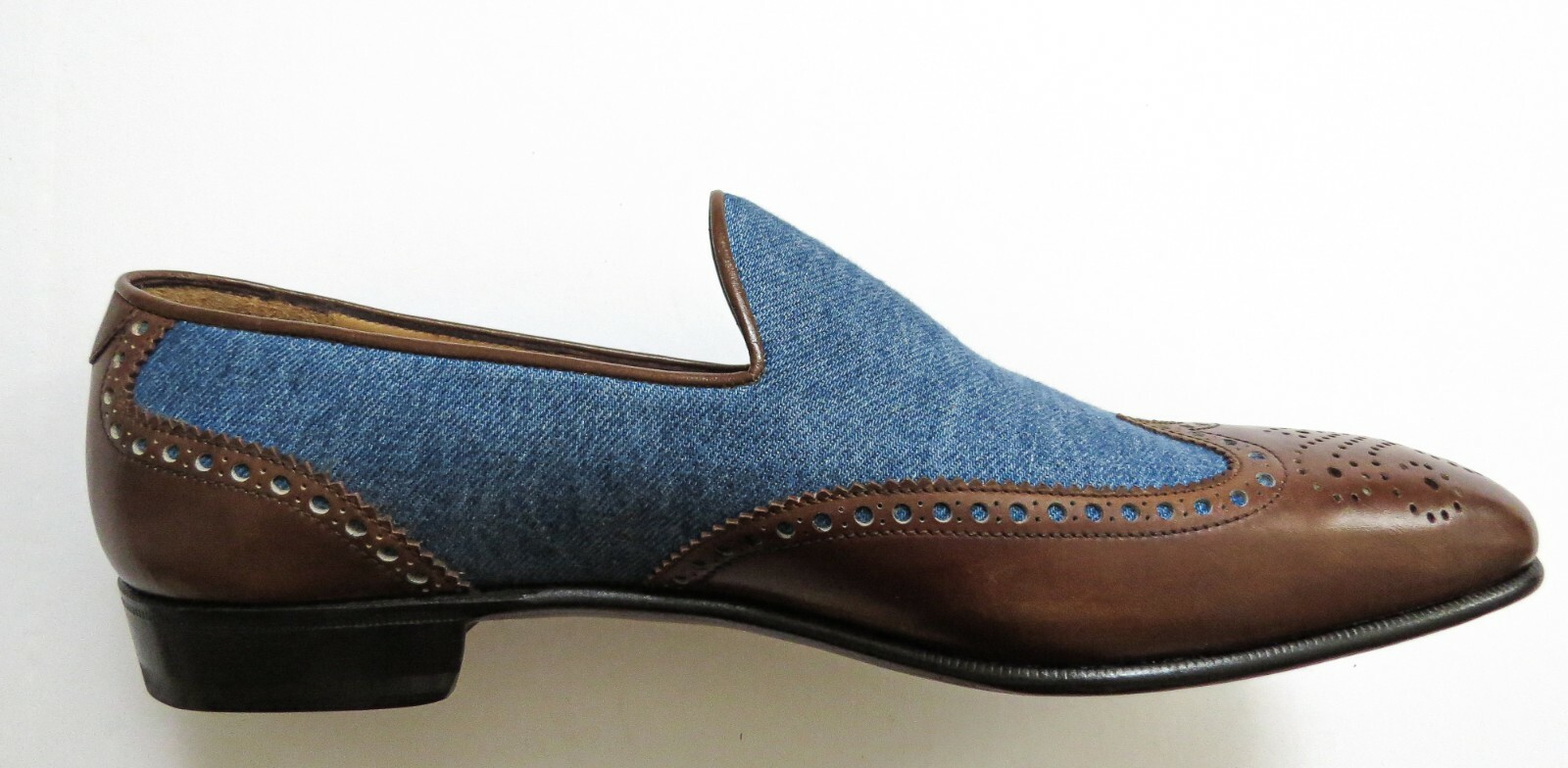 Pre-owned Brioni $1225  Brogue Two Tone Denim Leather Loafers Shoes 9.5 Us 42.5 Euro 8.5 Uk In Multicolor