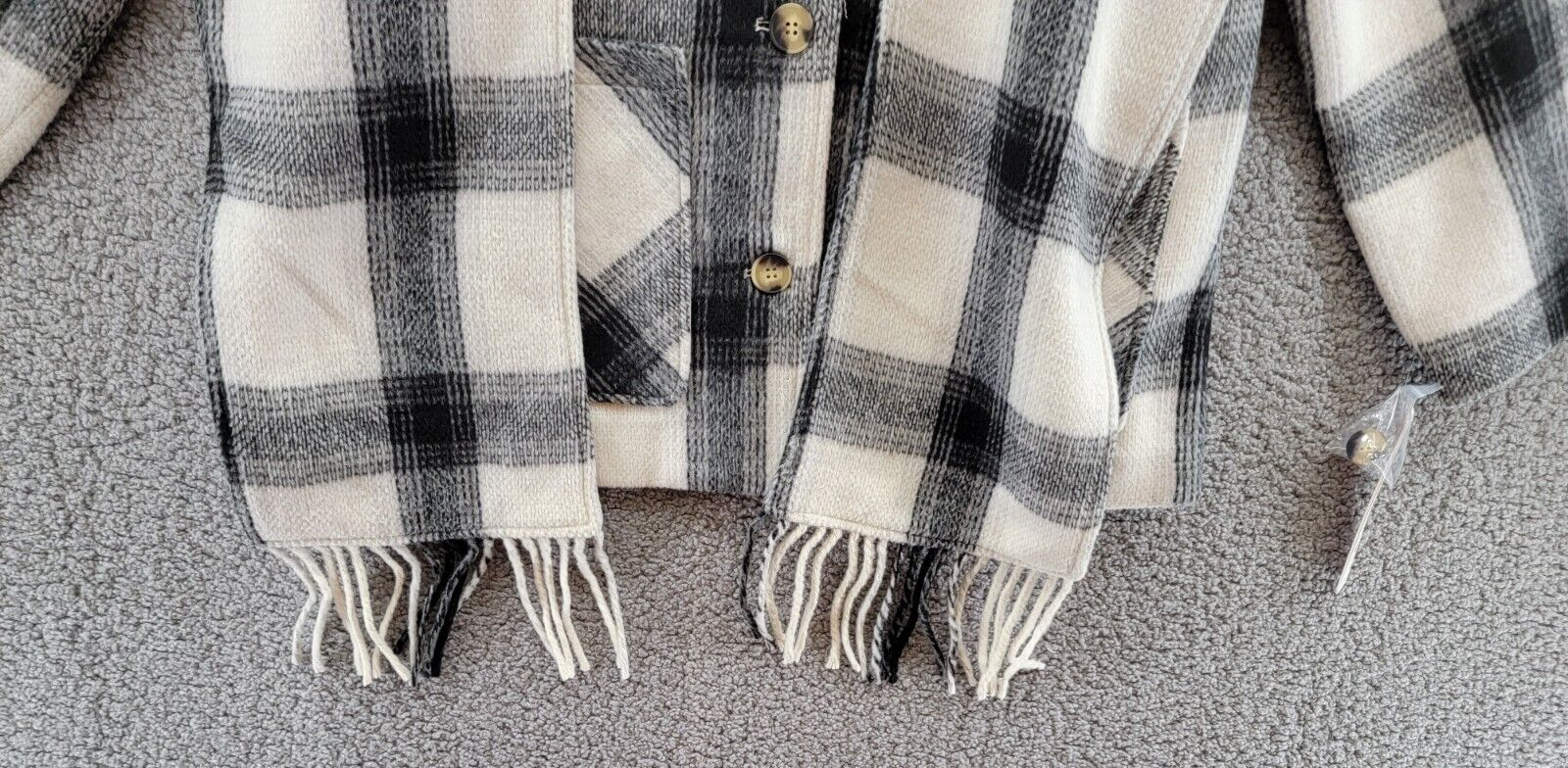 AQUA Scarf Collar Coat Women's S Black/White Check Wool Blend Patch Pocket L/S - Picture 3 of 12