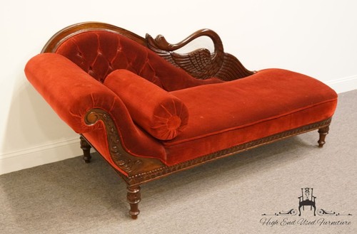 Vintage Ornate Red Upholstered Chaise Lounge w. Swan Detail