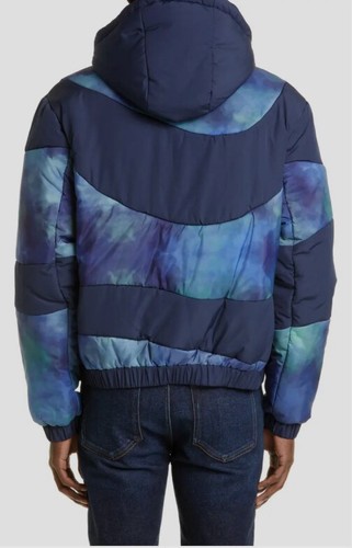 AHLUWALIA $1050 AHLUWALIA MEN'S BLUE SHAKTI PATCHWORK HOODED PUFFER JACKET SIZE L