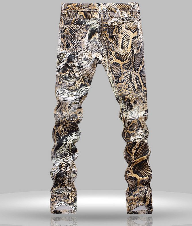 Men Snake Skin Printed Casual Cotton Blend Jeans Mid Stright Pants Trousers Chic | eBay