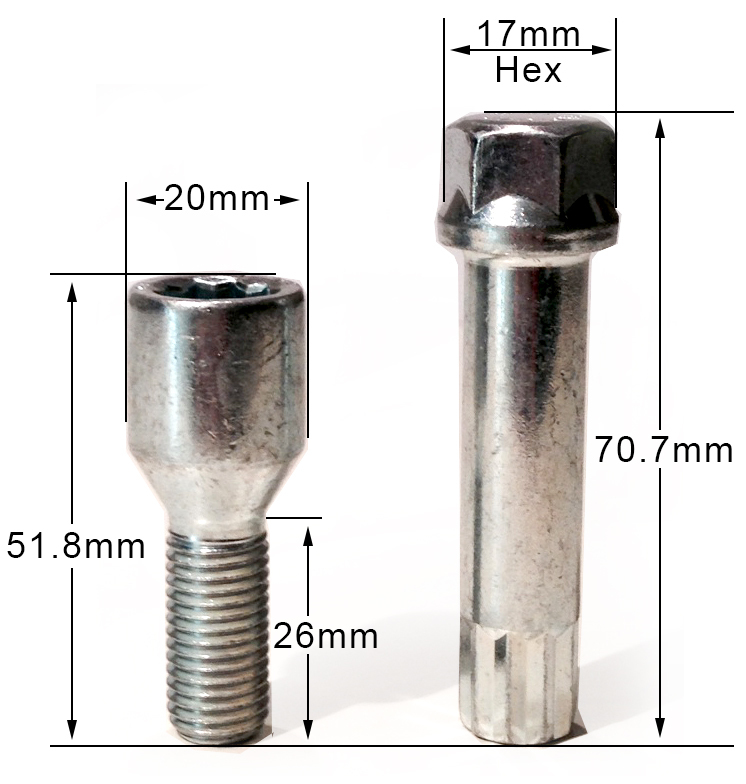 alloy wheel tuner slim bolts nuts lugs, M12 x 1.5, 26mm thread + Star