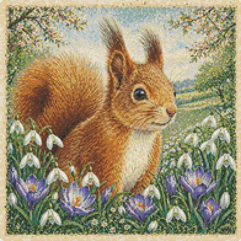 Red squirrel In Spring Time. Counted Cross Stitch