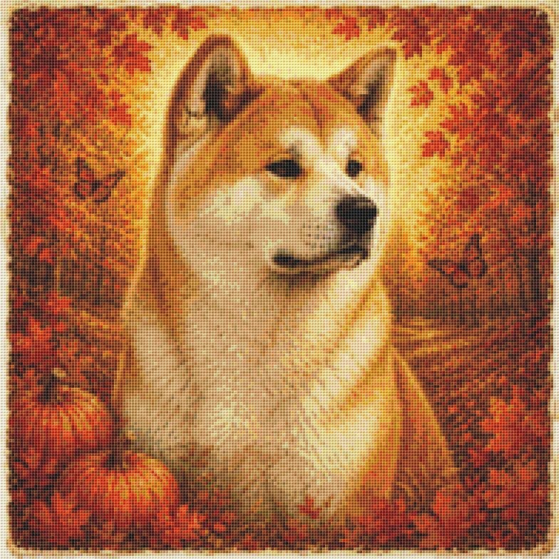 Japanese Akita Puppy Dog In Autumn Time. Counted Cross Stitch