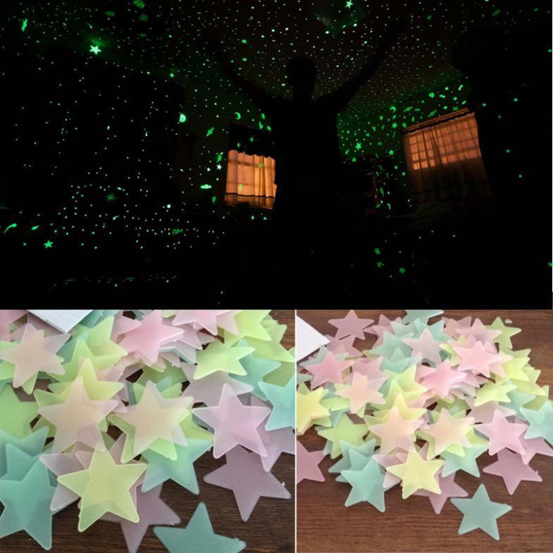 Glow In The Dark 50/100/200 ~ 3D Stars Half Moon Mix Color ~ Wall Decor 3 Sizes