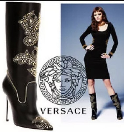 VERSACE WESTERN STYLE GOLD STUDDED STILETTO HEEL BLACK BOOTS