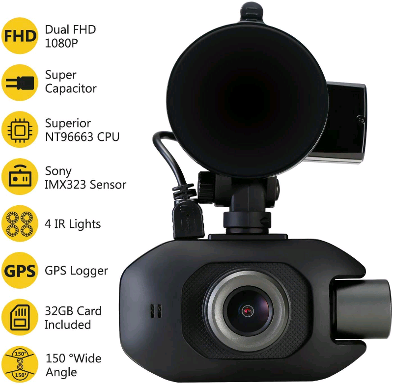 ZEdge GPS Dash Cam, Front and Inside Camera Dual Lens Full HD 1080P C