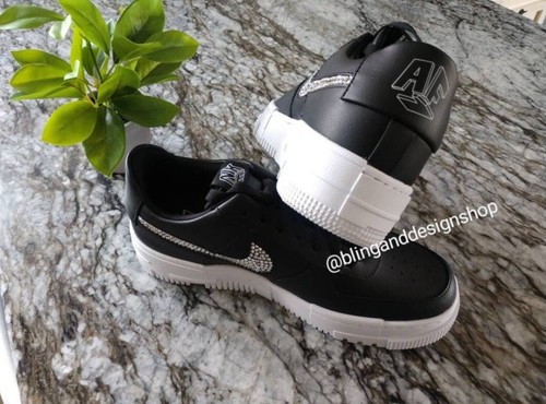 Pre-owned Swarovski Womens Nike Air Force 1 Pixel Black Sneakers Shoes Made With  Crystals
