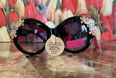 New Betsey Johnson Black Jeweled Garden Party Oversized Floral Sunglasses UV Len