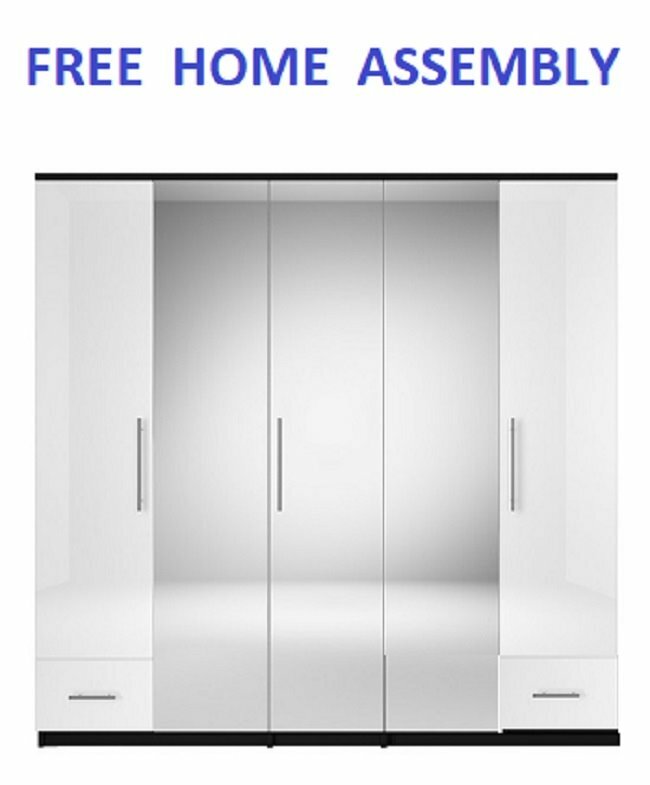 Cologne 5 Door 2 Drw Mirrored Wardrobe In White