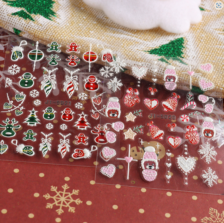 Christmas 5D Nail Art Stickers Snowflake Bear Heart Santa Decals Self-Adhesive