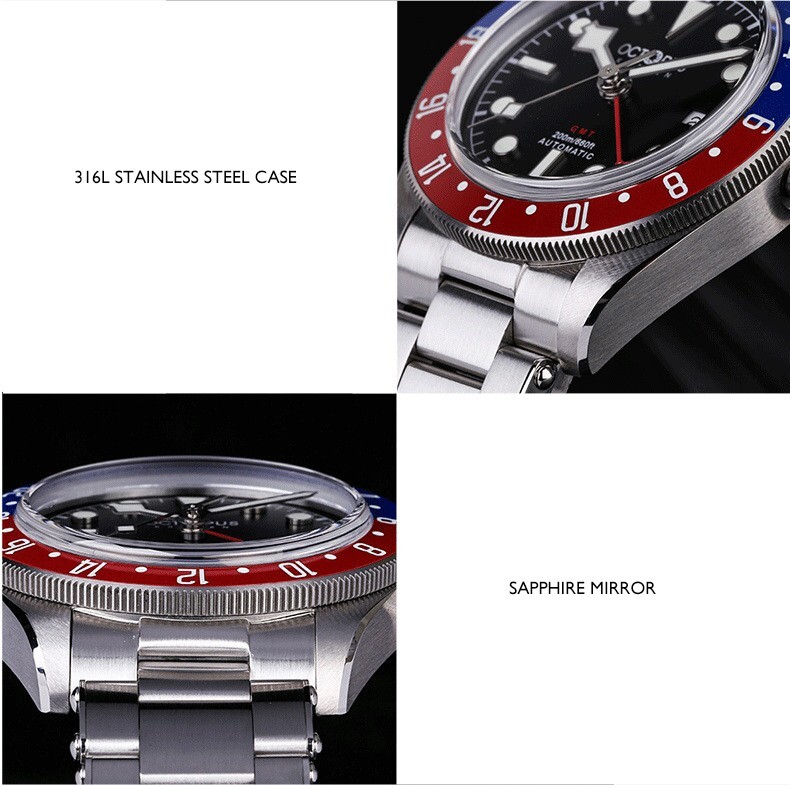 Pre-owned Octopus Men Automatic Watch Gmt 39mm Diver 20bar Mechanical Wristwatch Luminous