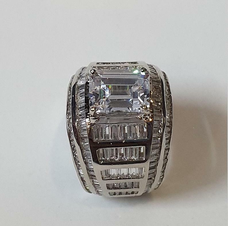 Pre-owned Online0369 2ct Baguette Cubic Zirconia Mens Statement Ring Free Stud Silver Ring Size 10 In White