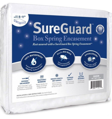 Queen Size Sureguard Box Spring Encasement - 100% Waterproof, Bed Bug Proof, Hyp