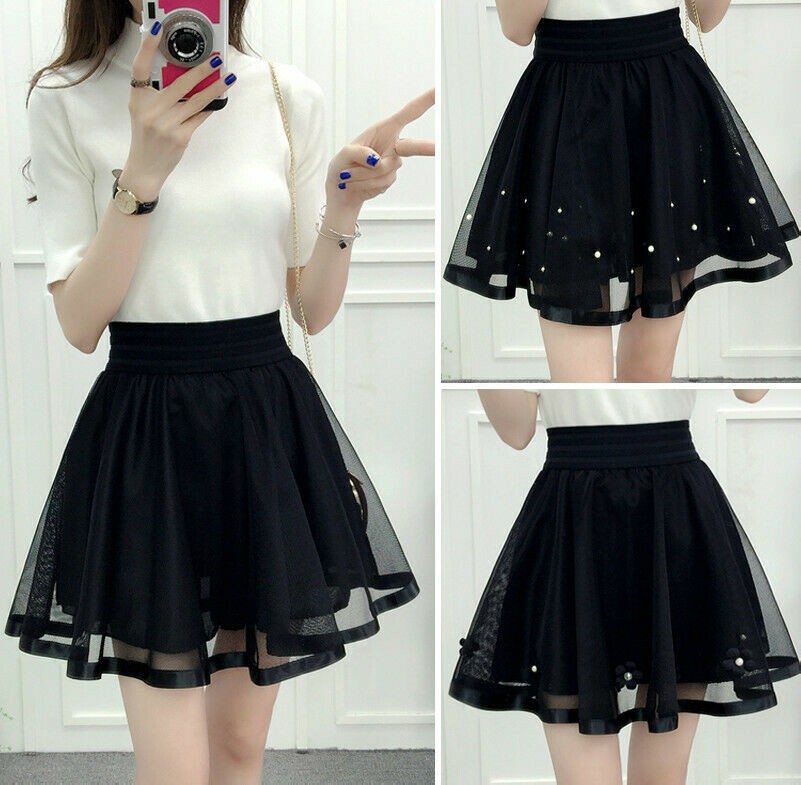 Women Girl Mesh Tutu Dress Flared Pleated Swing High Waist Underpant Mini Skirts