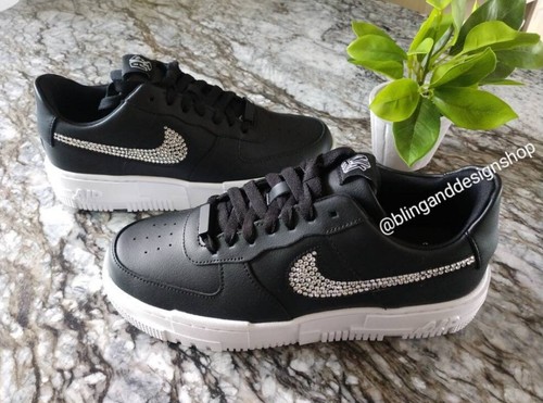 Pre-owned Swarovski Womens Nike Air Force 1 Pixel Black Sneakers Shoes Made With  Crystals
