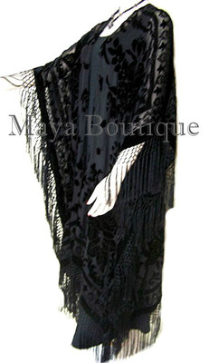 Pre-owned Maya Matazaro Caftan Duster Fringe Jacket Kimono Opera Coat Black Burnout Velvet