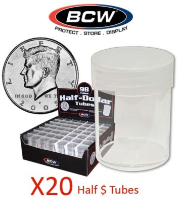 20 Half Dollar Kennedy Round Coin Storage Tubes Clear Screw Caps BCW Lot 30.6mm
