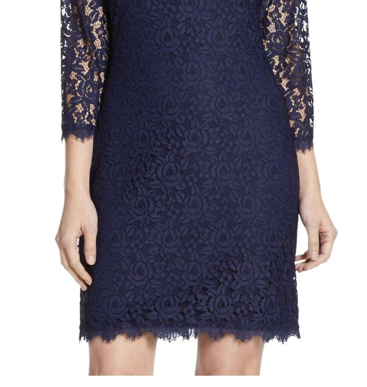 Pre-owned Diane Von Furstenberg $348-nwt  Dvf Colleen Lace Sheath Shift Dress, Navy, Size 6 In Blue