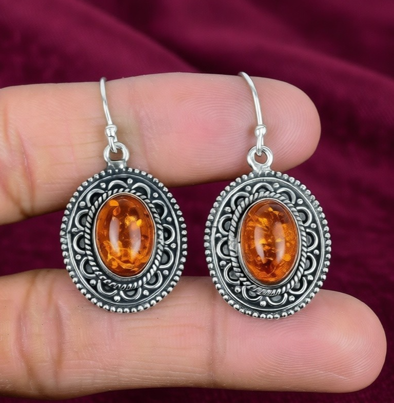 Baltic Amber(Lab-Created) Gemstone 925 Sterling Silver Handmade Jewelry Earrings