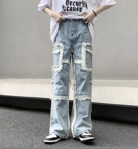 Men's Light Blue Tassels Straight Leg Punk Jeans Hip Hop