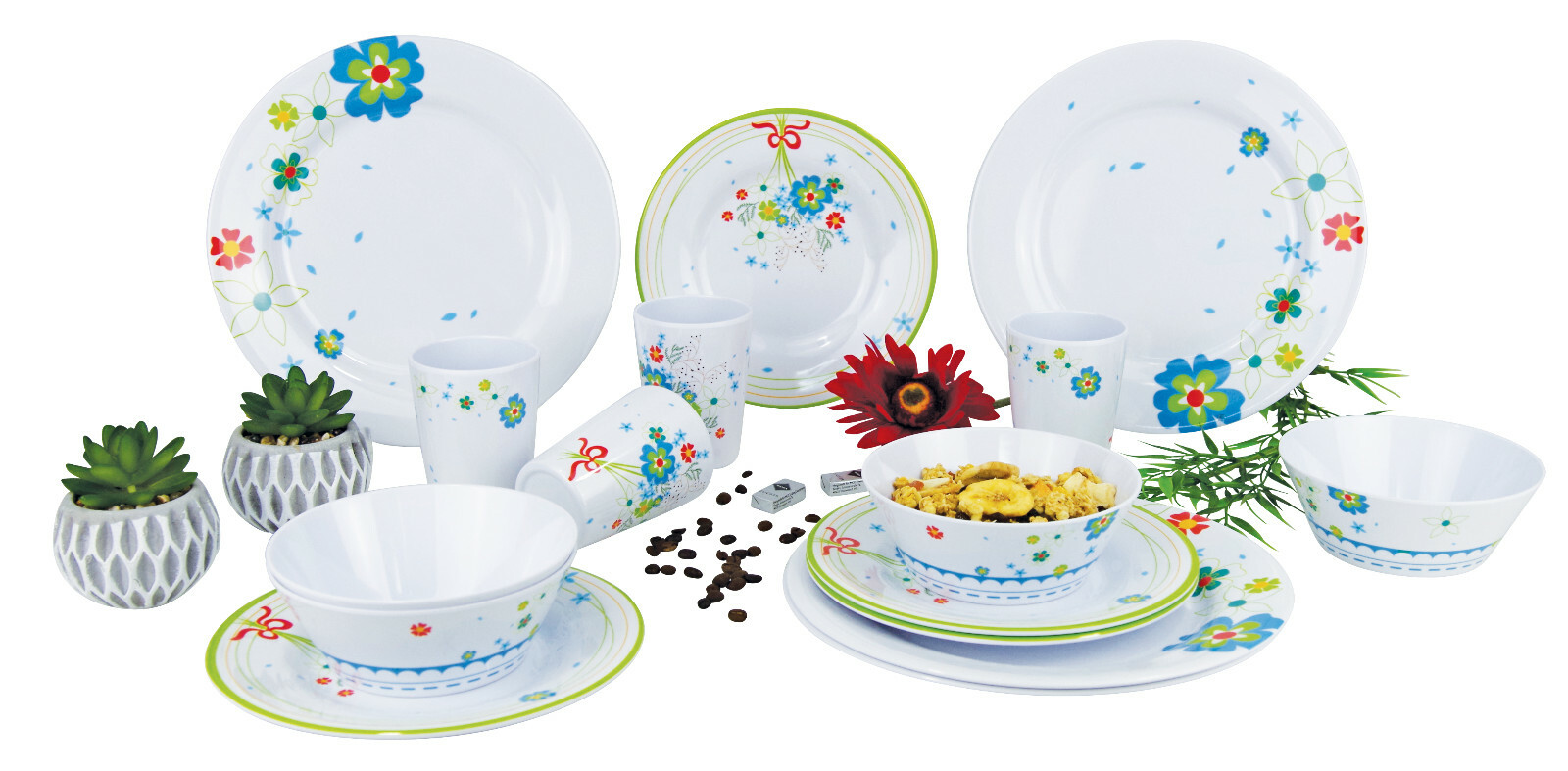 GIMEX 16 teiliges Camping Geschirr Set Retro Flowers Melamin Outdoor