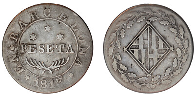 1 Silver Peseta / 1 Peseta Silver. José Napoleón. Barcelona, 1813. VF